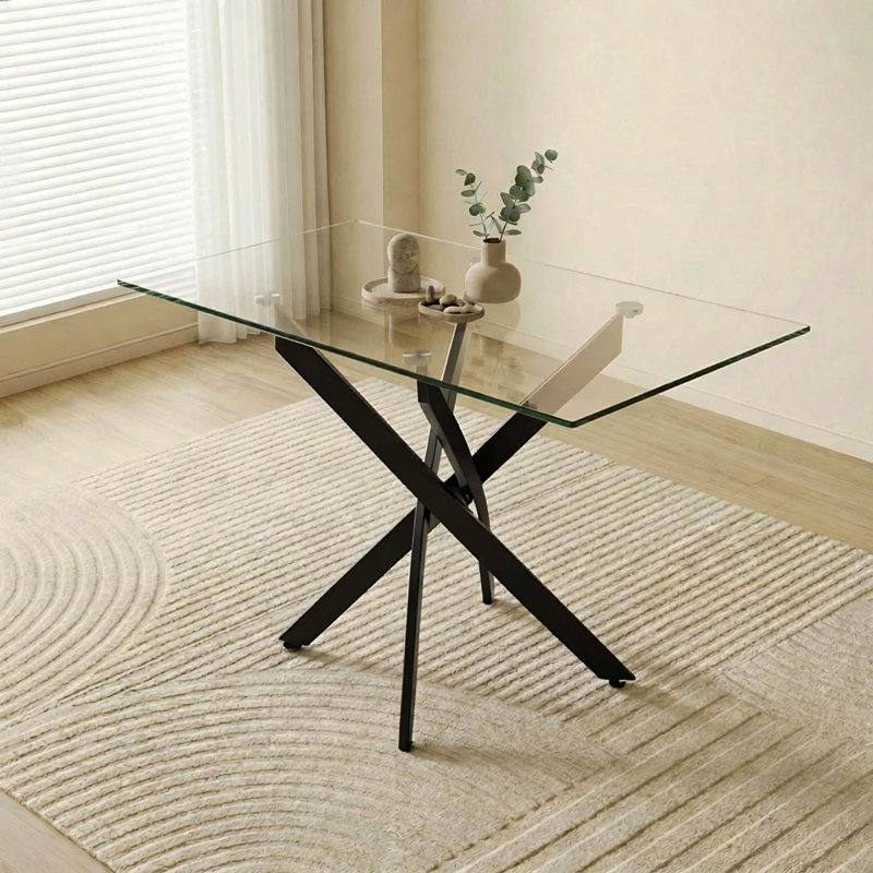 Table de salle à manger rectangulaire en verre trempé de 47,24 po avec pieds en métal noir, table de cuisine moderne pour la maison et la salle à manger