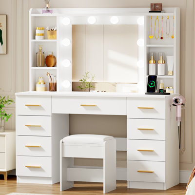 Coiffeuse de maquillage avec lumières, 9 tiroirs et prise de courant