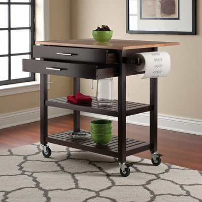 Isla Kitchen Cart with Drop Leaf in Cappuccino and Natural Finish, 34.25" H X 32.89" W X 26.06" D