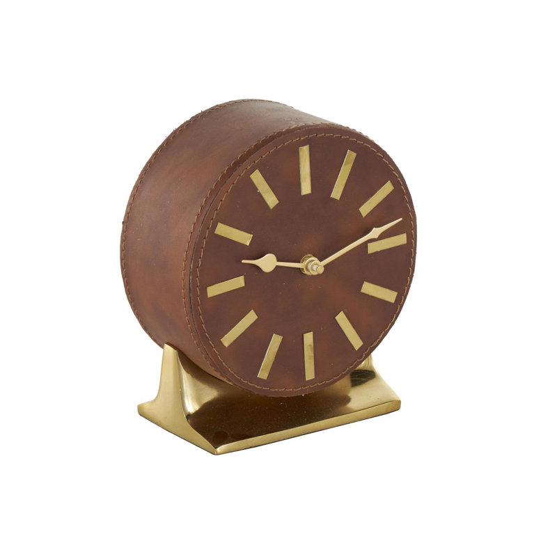 Cole And Grey Faux Leather Round Decorative Black Clock With Silver Rectangular Base, 7.3" H x 6.3" W x 3.7" D, Brown/Gold