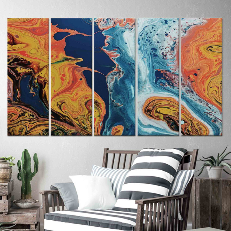 Abstrait orange et bleu, reproduction d'art sur toile - décoration murale moderne, toile tendue 5P, 43,3 po H x 98,4 po l