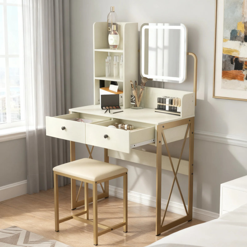 Ensemble de meuble-lavabo avec miroir à DEL et prises de courant, bureau de maquillage avec tablette et 2 tiroirs