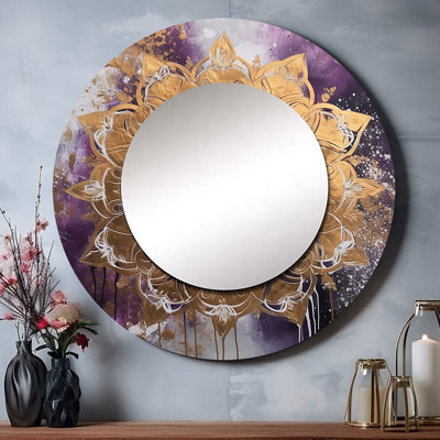 Guanche Purple And Gold Mandala II - Boho Mandala Unique Wall Mirror Decor, Traditional Large Round Mirror, Printed Metal Art