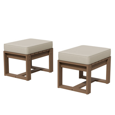 Outdoor Patio Cedar Wood Ottomans with Olefin Thick Cushions Set of 2