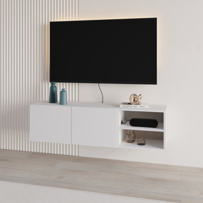 Floating TV Stand for 50" TVs with 2 Soft-Close Doors and Open Shelves, 140cm Wide