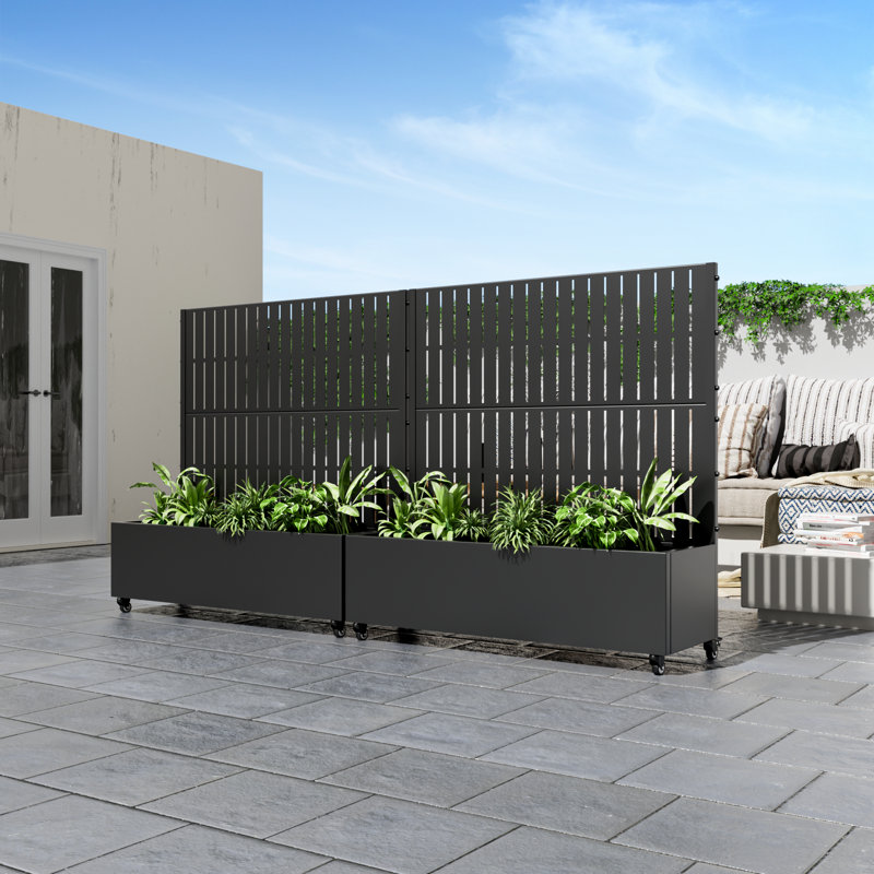 Metal Planter Box with Trellis with Wheels, 47" H x 47" W x 16" D, Black, 1