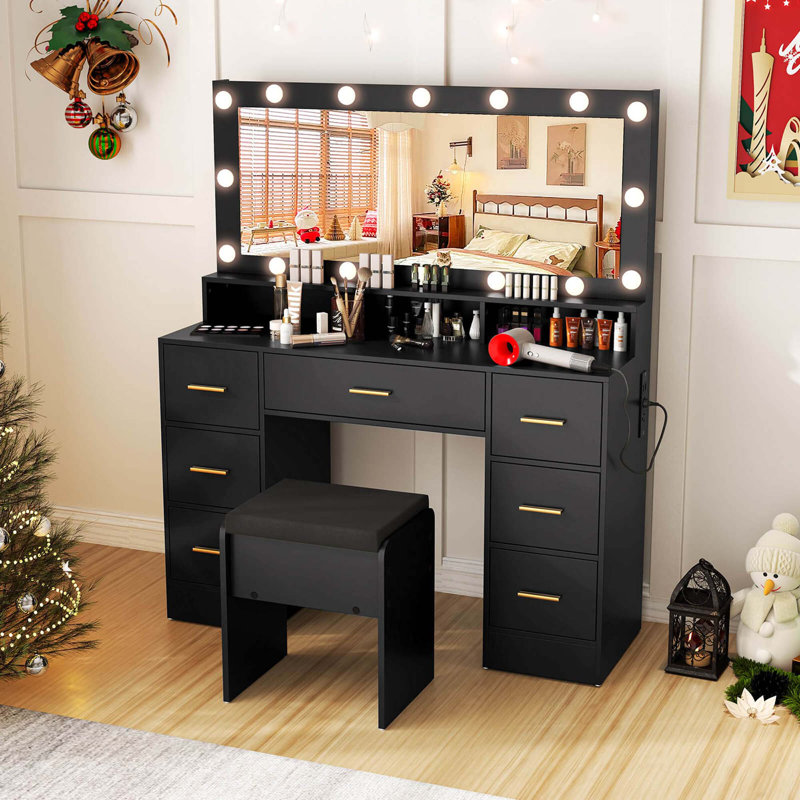 Bureau de maquillage avec miroir et lumières, Noir, noir, noir, noir