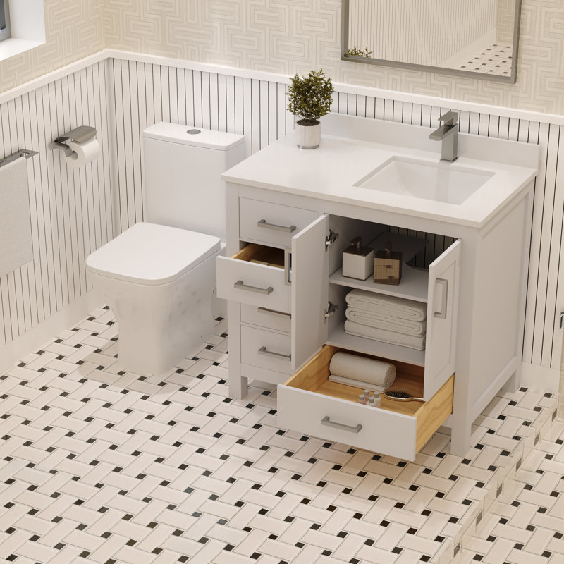 Rooh 36'' Single Bathroom Vanity with White Quartz Top, White
