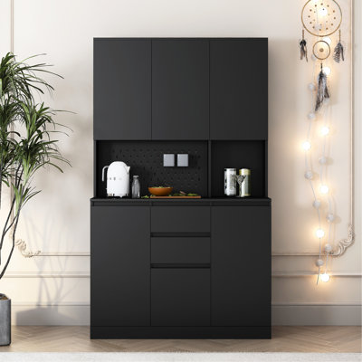 Armoire de cuisine noire de 74 po avec 6 portes, 3 tablettes, 2 tiroirs, prises de courant, ports, armoire de rangement autoportante polyvalente