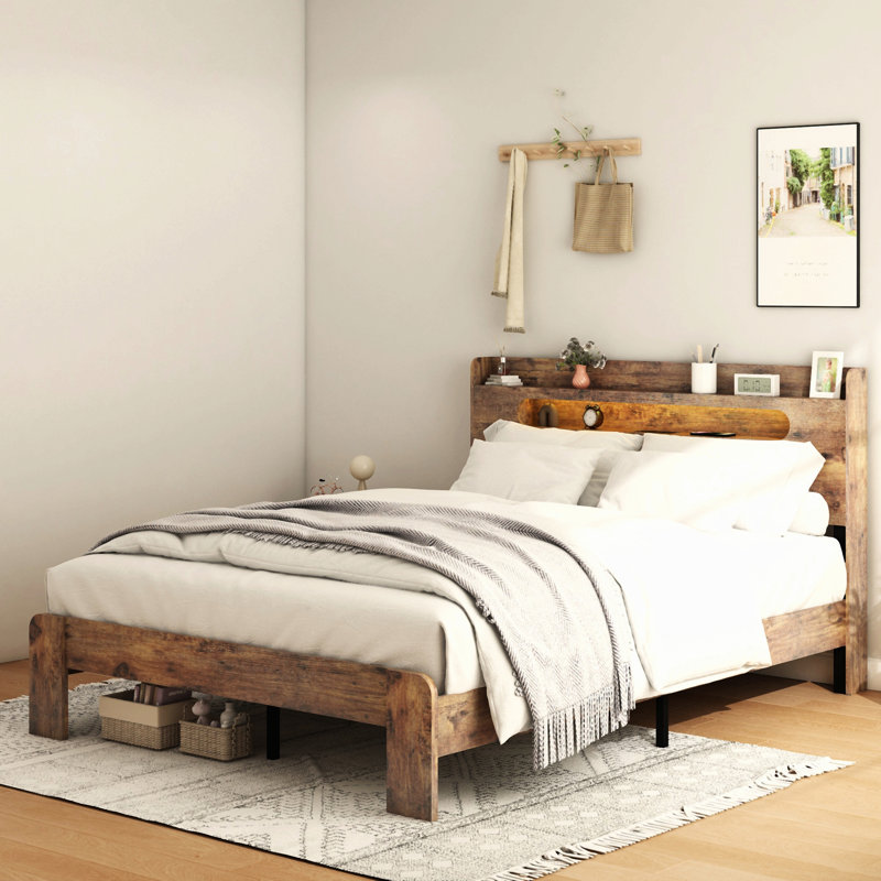 Structure de lit Structure de lit plateforme en bois avec tête de lit à DEL avec rangement et 2 ports USB, silencieux, aucun sommier nécessaire et outil d'assemblage facile, grand rangement sous le lit