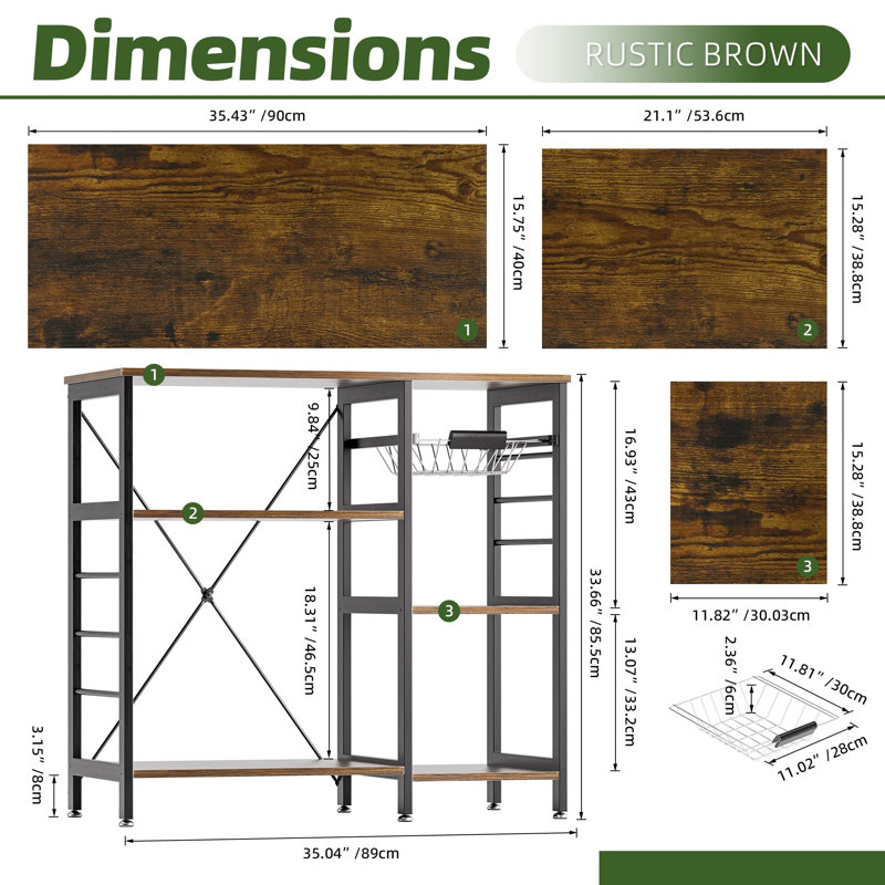 Baker’S Rack, Microwave Oven Stand With Bamboo Frame, Coffee Bar With Wire Basket & Hooks, Kitchen Storage Shelf Stand
