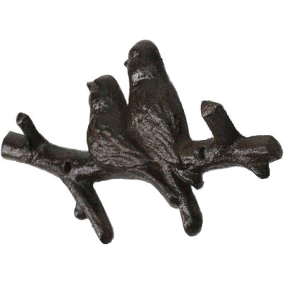 Set Of 2 Cast Iron Rustic 2 Lovebirds Perching On Branch 2-Pegs Wall Hooks