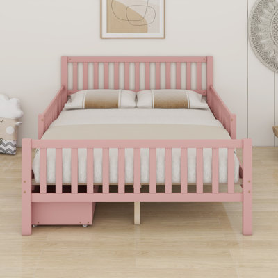 Wood Platform Bed With Guardrails On Both Sides And Storage Drawers