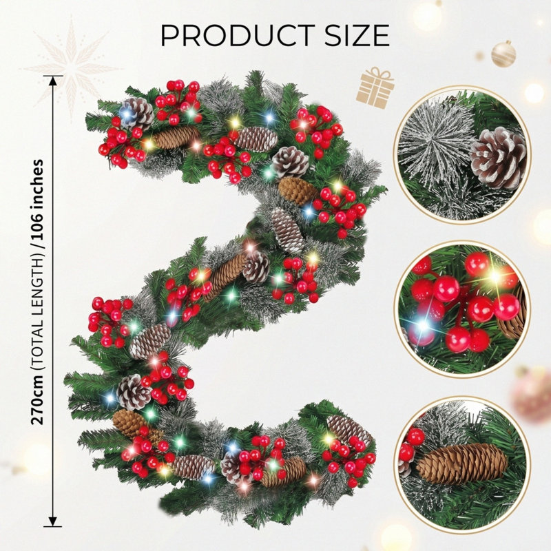 8.8FT Pre-Lit Artificial Christmas Pine Garland with Frosted Tips, Pinecones, and Red Berries