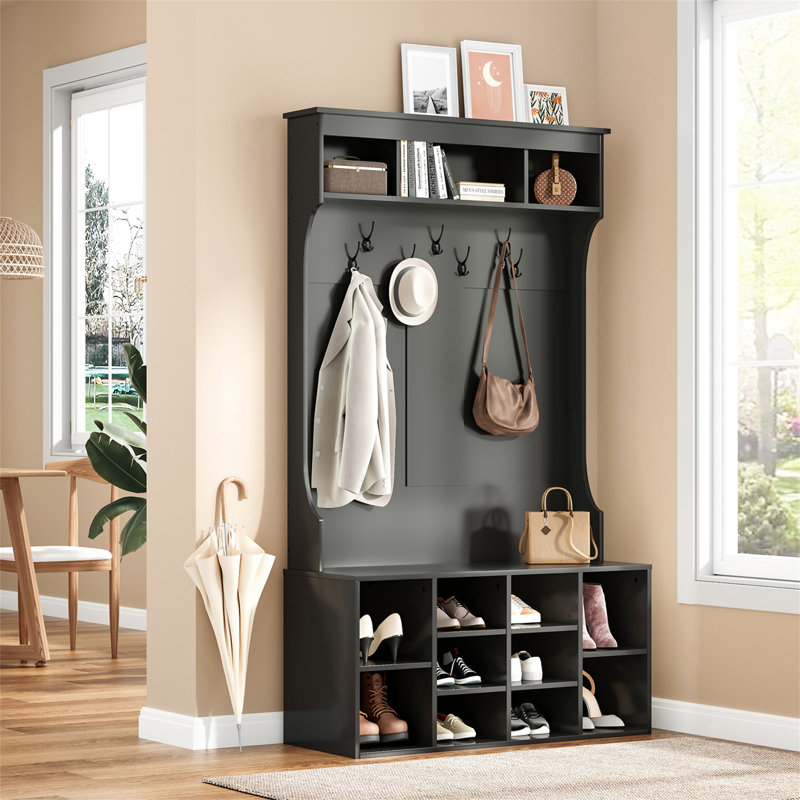 Arbre d'entrée 70,9 po avec banc et rangement pour chaussures, rangement pour vestibule sur pied avec 7 crochets, Noir