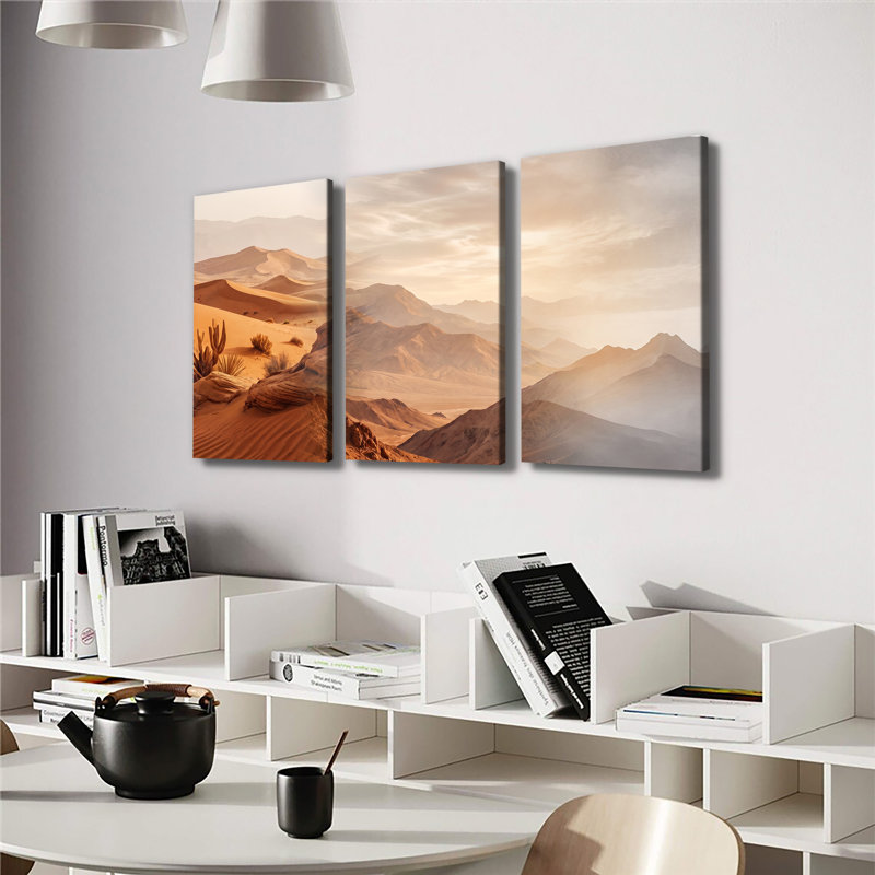 «Desert Dunes Mountain Sunrise Landscape», ensemble de 3 impressions sur toiles tendues avec châssis de qualité supérieure