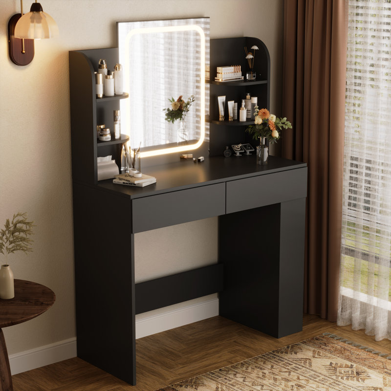 Vanity Desk with Mirror and LED Lights, Makeup Vanity Table with 3 Lighting Color, Adjustable Brightness, Vanity Table with 2 Drawers, Side Storage, for Bedroom