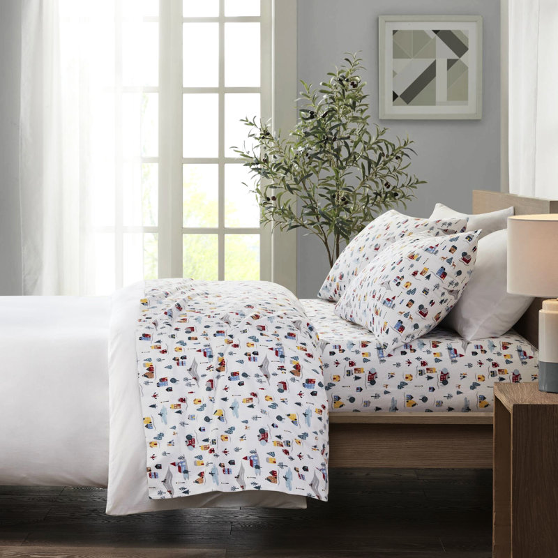 3 Pcs Twin Sheet With Beautiful White Village Print, 100% Cotton Flannel Fabric, And Cozy, Different Prints To Choose From, Comes Flat, Fitted Sheets Pillowcase, Fits 12" Twin/Full Mattresses Well,