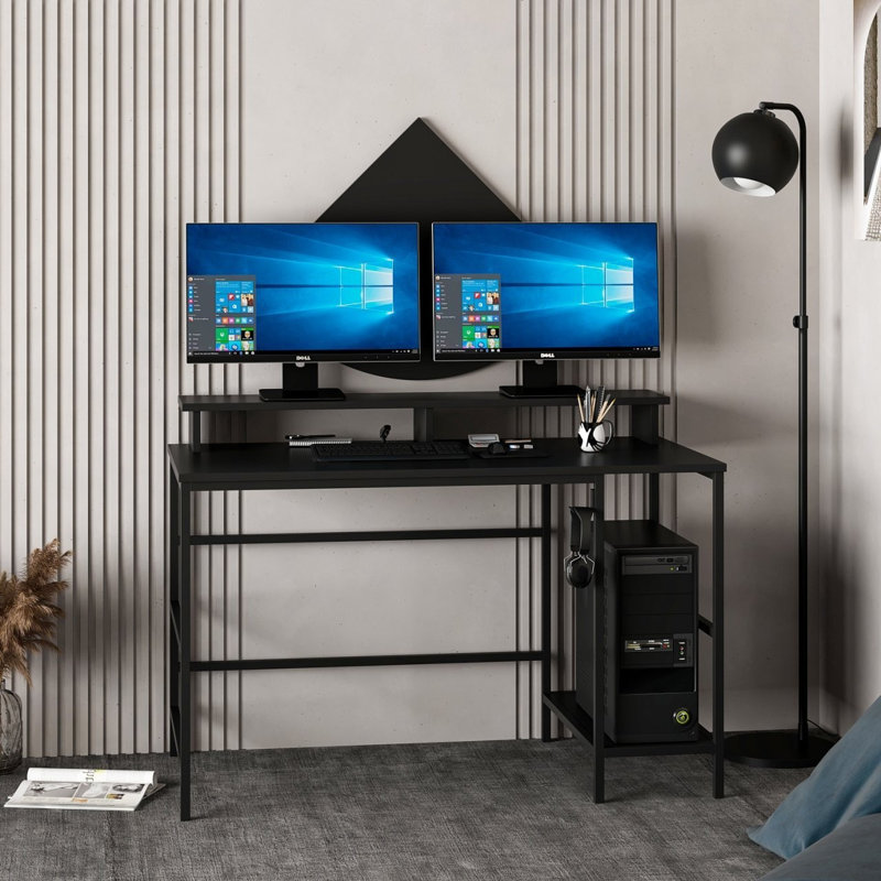 Modern Black Study Desk with Upper & Lower Shelves, 47.2 x 29.1 x 23.6 inches | 100% Melamine Coated Particle Board, Thickness: 0.7 inches | Industrial Design, Perfect for Home Office & Study Spaces