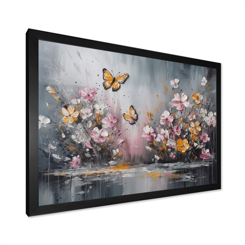 Fleurs de Rylène avec papillons blancs II - art mural floral grand, Cadre noir, H 12 po x l 20 po x P 1 po