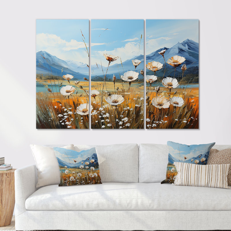 Fleurs jaunes de pissenlit sur un lac - ensemble d'art sur toile, H 32 po x l 48 po x P 1 po