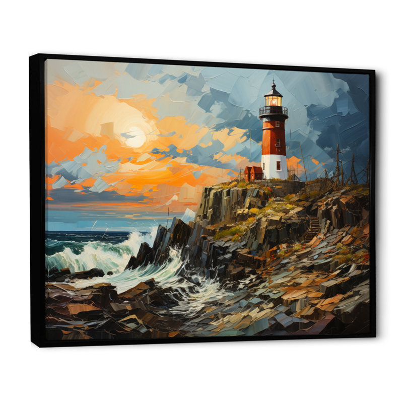«Dots Lighthouses Guiding III», reproduction d'art sur toile, Cadre flottant noir, H 12 po x l 20 po x P 1 po