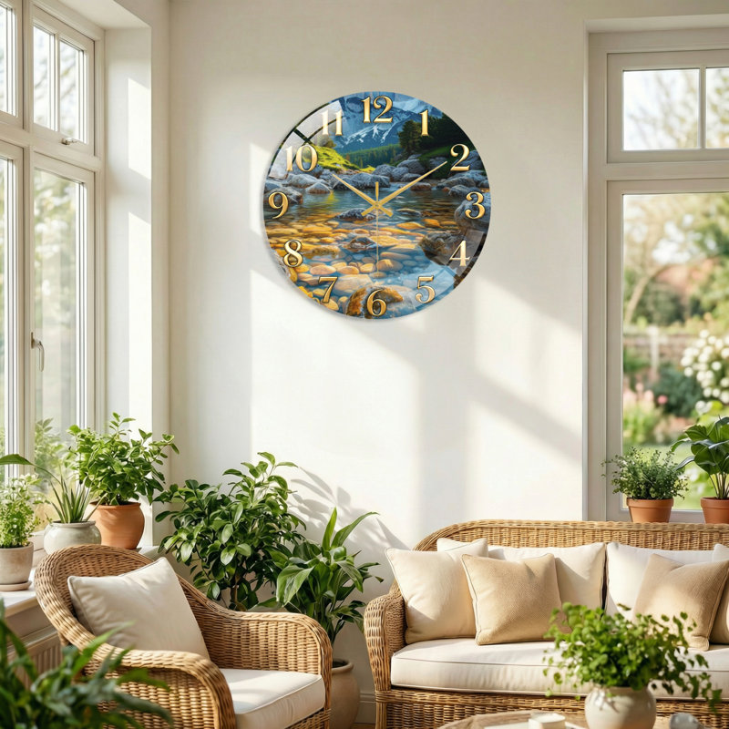 "Mountain Stream", horloge murale en verre, 40 x 40 cm (15,7 x 15,7 pouces)