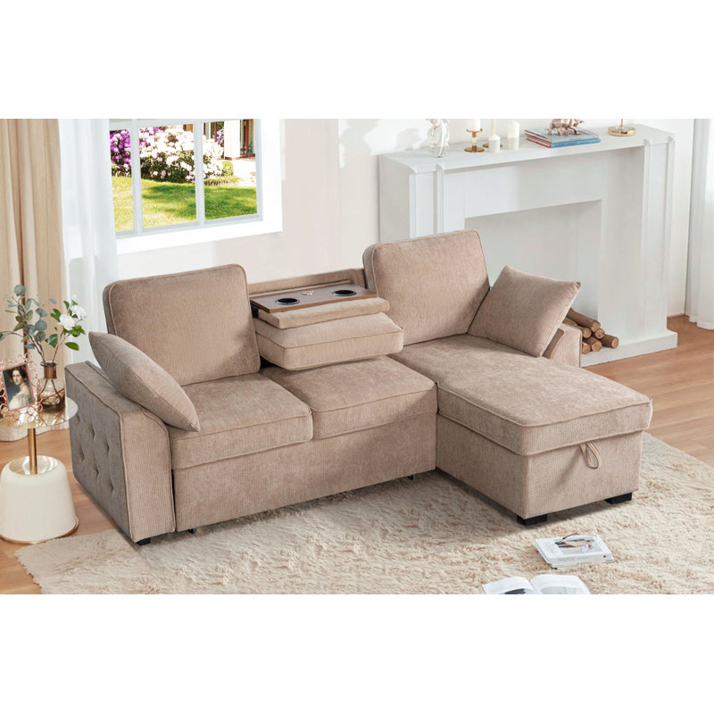 Canapé modulaire 3 pièces en chenille avec dossier porte-gobelet, méridienne de rangement et lit escamotable, Marron clair