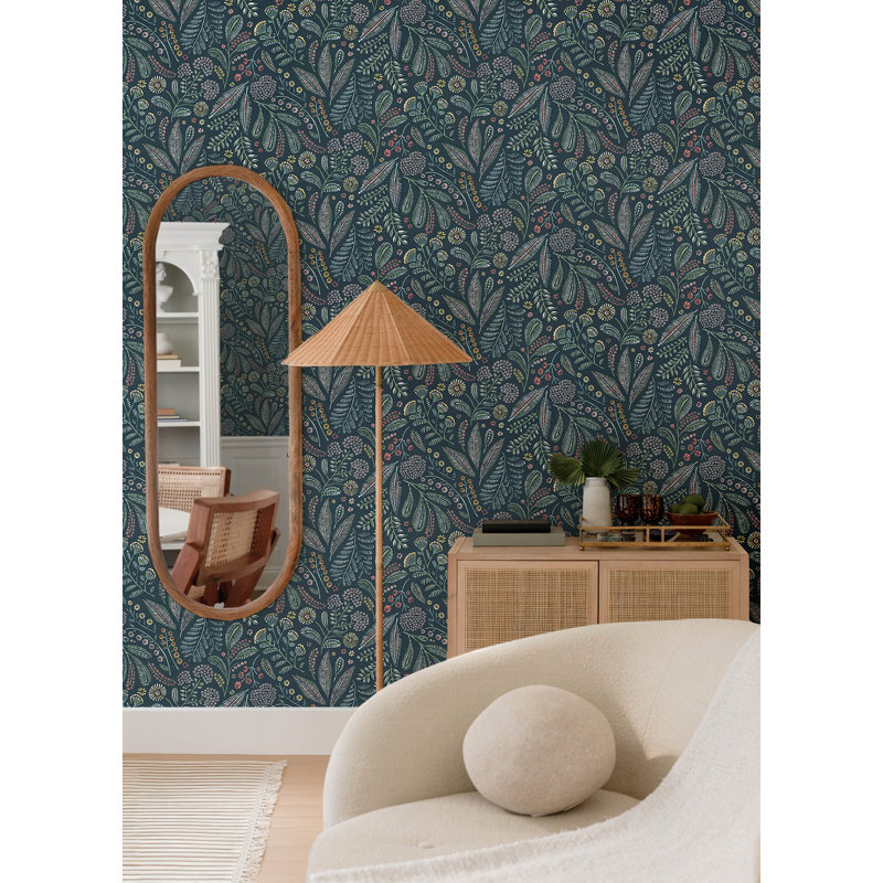 Briar Navy Floral Wallpaper, Teal