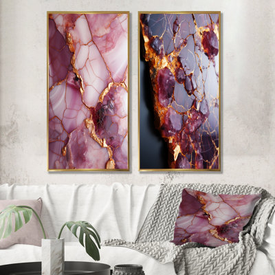 «Pink and Gold Marble River IV», ensemble de 2 impressions sur toile abstraites