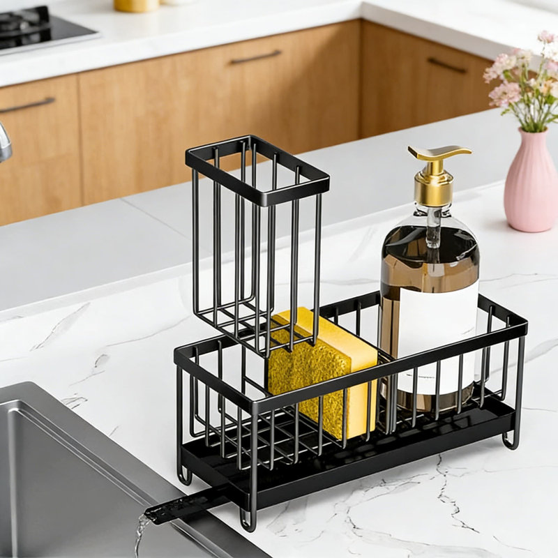 Organisateur de chariot de cuisine en acier inoxydable 5-en-1 avec séparateur réglable, base rotative, porte-éponge, porte-brosse et distributeur de savon pour l'organisation du comptoir