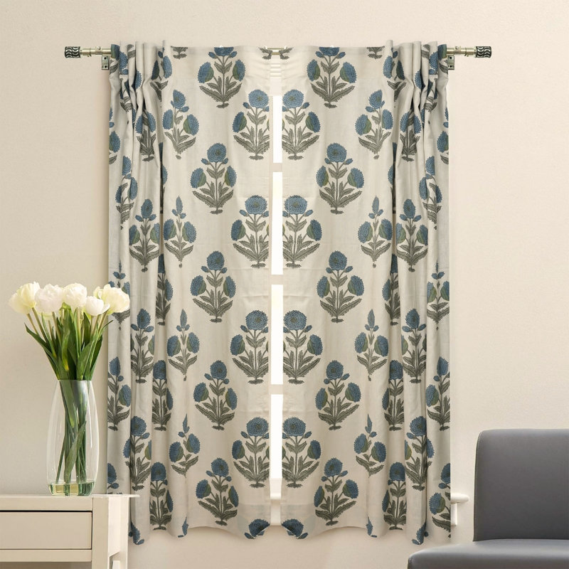 Rideau à panneau plat en lin gris non tissé à la main imprimé floral gris et bleu pour le salon et la chambre à coucher, rideaux et rideaux en lin Boho Farmhouse
