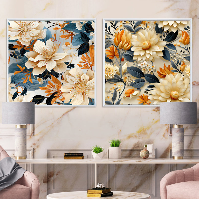 Muelle - Ensemble de 2 collages carrés floraux, Cadre flottant blanc, H 36 po x l 73 po
