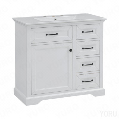 Meuble-lavabo 36 po avec lavabo, lavabo en céramique, 2 tiroirs basculants, charnières de porte à fermeture en douceur, blanc