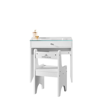 SlayStation Little Princess Vanity Desk, Makeup Desk with Makeup Chair, Drawer, Clear Glass Top