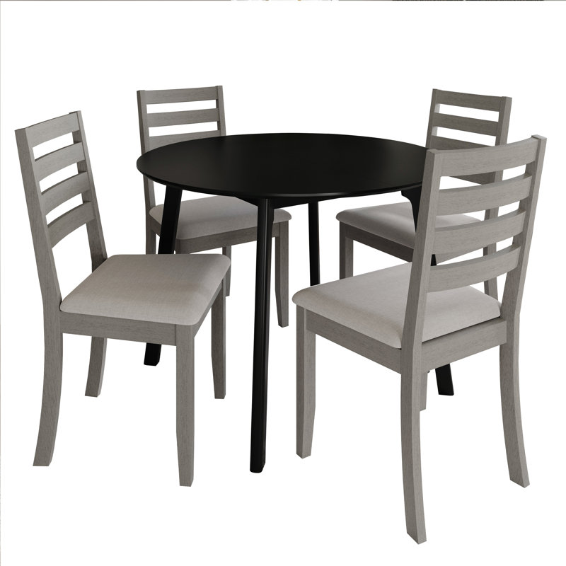 Ensemble de salle à manger 5 pièces avec table ronde noire et chaises à dossier échelle rembourrées blanches, Blanc