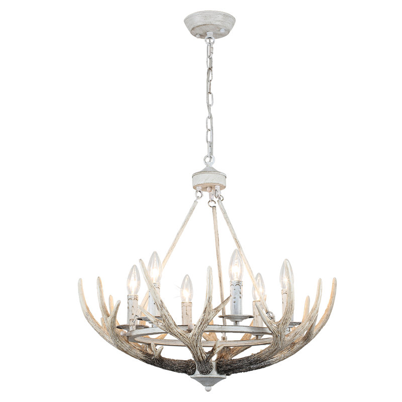 6 - Light 23.6'' Dimmable Rustic Farmhouse Style Resin Antlers Chandelier For Dining Room, Kitchen, Island, Living Room