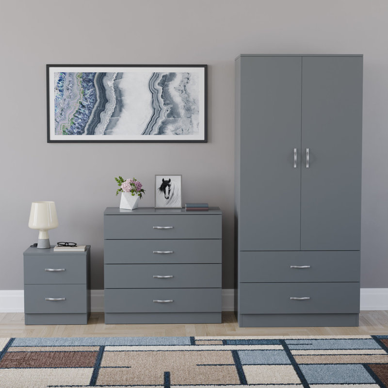 Maybery 3 Piece Bedroom Set (2 Drawer Bedside Chest, 4 Drawer Chest, 2 Door 2 Drawer Wardrobe), (4), Grey