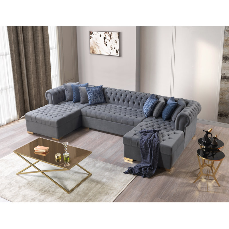 Canapé modulaire en velours gris Lorena, Velours gris