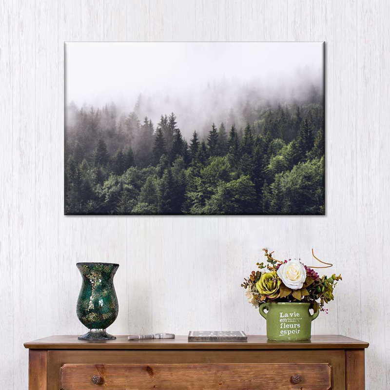 Forêt de pins brumeux sur toile, H 8 po x l 12 po x P 1 po