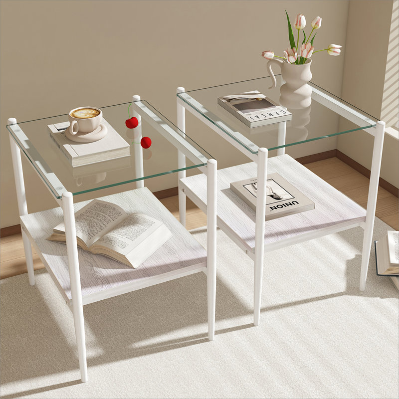Ensemble de 2 tables de bout rectangulaires, plateau en verre trempé avec panneau de fibres à densité moyenne, table de salon moderne