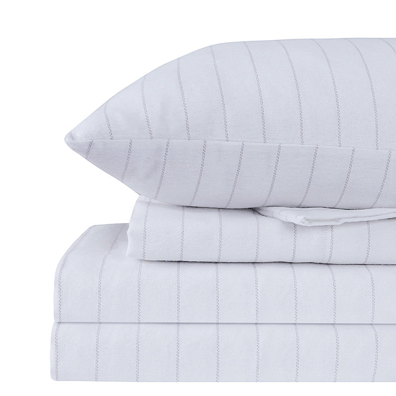Colyt 100% Cotton Flannel Sheet Set, Twin XL Case Pack + Fitted Sheet + 2 Pillowcases, White Pin Stripe