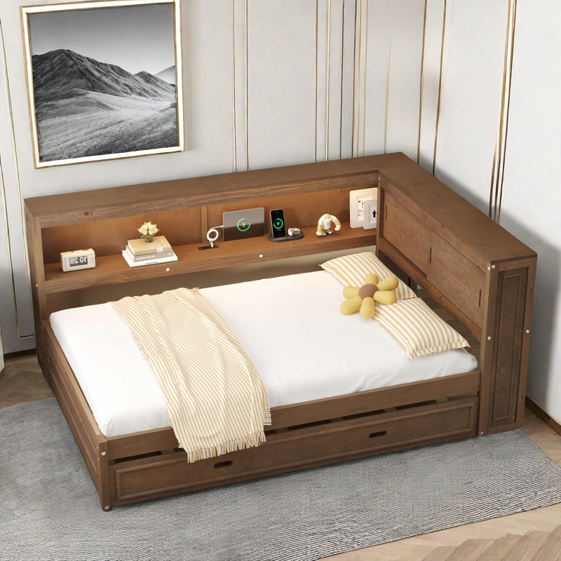 Wooden Daybed With Storage Shelves, Charging Station, Led And Trundle, Antique Wood
