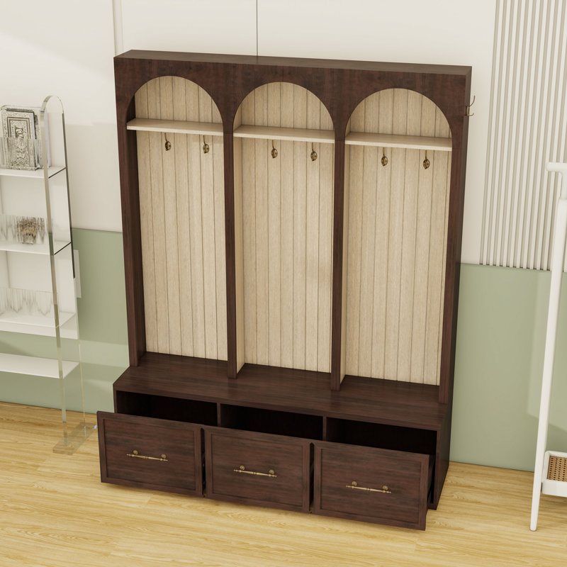 Hall Tree with 3 Drawers, 8 Hooks, Shelves and Bench, Dark Walnut