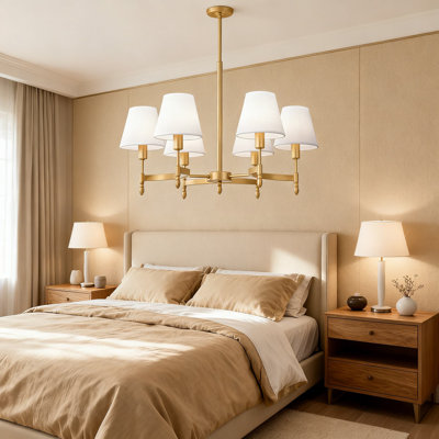 Lustre style campagne moderne 6 lumières avec abat-jour en lin blanc, luminaire suspendu doré réglable pour salle à manger, salon, cuisine, vestibule, vestibule et chambre à coucher