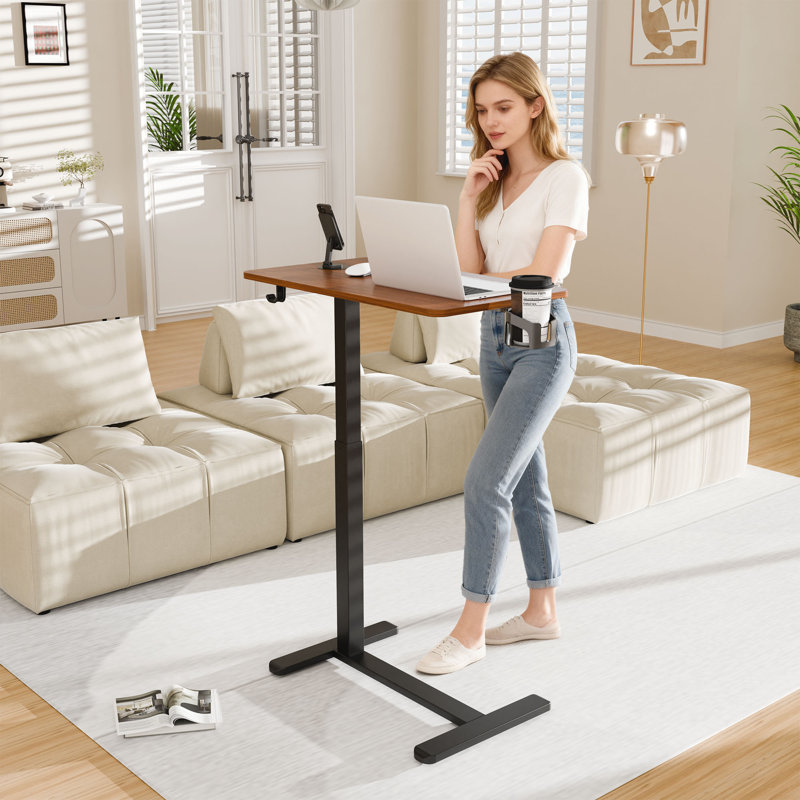 Height Adjustable Overbed Bedside Table with Hidden Casters, Pneumatic Standing Desk, Mobile Laptop Table, Hospital and Home Use Rolling Cart, Walnut