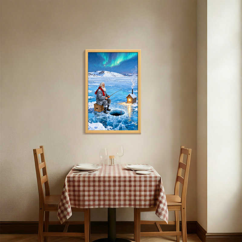 Noël père Noël pêchant sous les aurores boréales, H 18 po x l 12 po