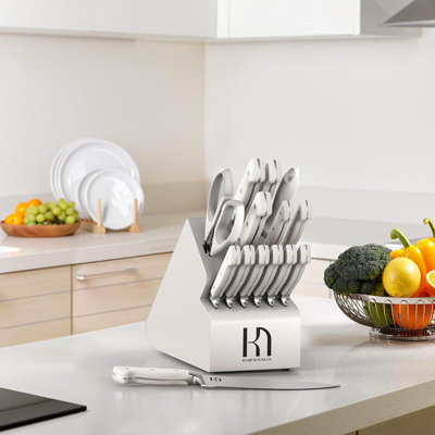 Kitchen Knife Block Set, 15-Piece Enduring Ultra Sharp Knife Set, Japanese High Carbon Stainless Steel, Premium Forged Knives for Kitchen and Professional Chefs, White