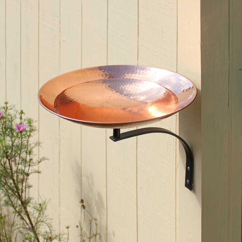 Polished Copper Wall-Mounted Birdbath with Black Iron Bracket