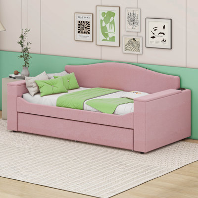 Twin Size Upholstered Daybed with Storage Armrests, Trundle and Integrated Bluetooth Audio System